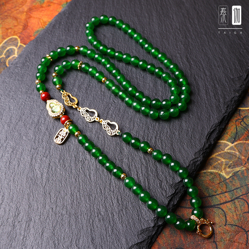 新中式原创设计泰国佛牌链子翡翠绿玉髓圆珠配链项链唐卡风格首饰详情4