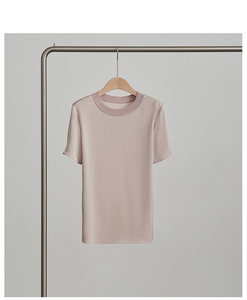 春夏季新品纯色桑蚕丝透气上衣 真丝简约短袖T恤时尚打底上衣女详情13