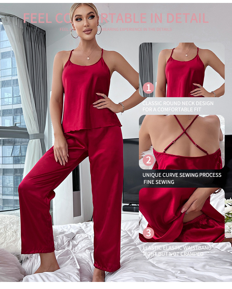 欧美跨境冰丝家居服透气露背吊带裙长裤套装女仿真丝绸睡衣批发详情3