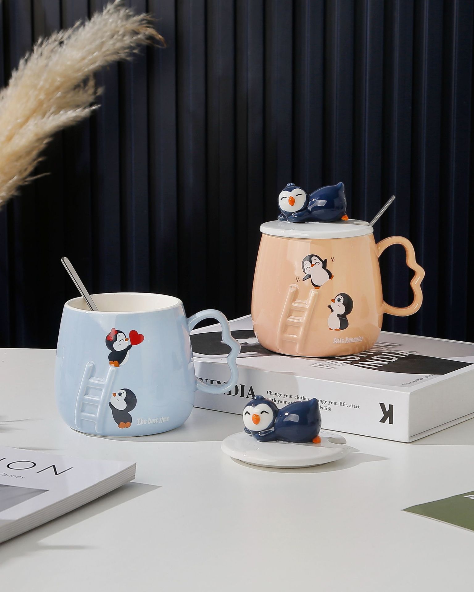 Ceramic cup with lid, creative cartoon three-dimensional relief penguin mug, office home, student gift and souvenir pic 3