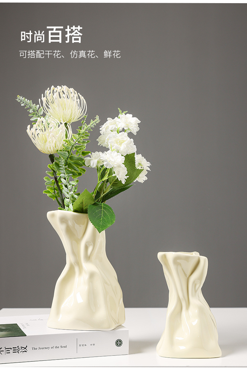 2025 New Nordic light luxury ceramic vase with a high-end feel, ins cream style, French hydroponic fresh flowers, hotel and home, living room flower arrangement, dining table decoration pic 4