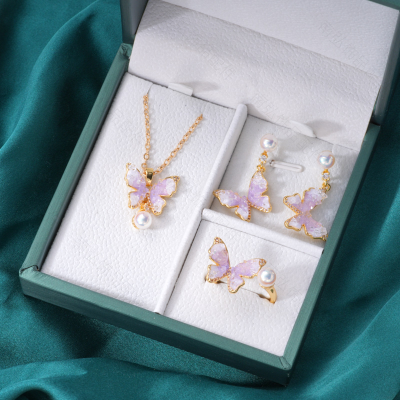 Pearl ring, earneedle pendant, three-piece set, empty stand, four-petal flower, white butterfly shell design, high-end DIY light luxury earrings pic 26