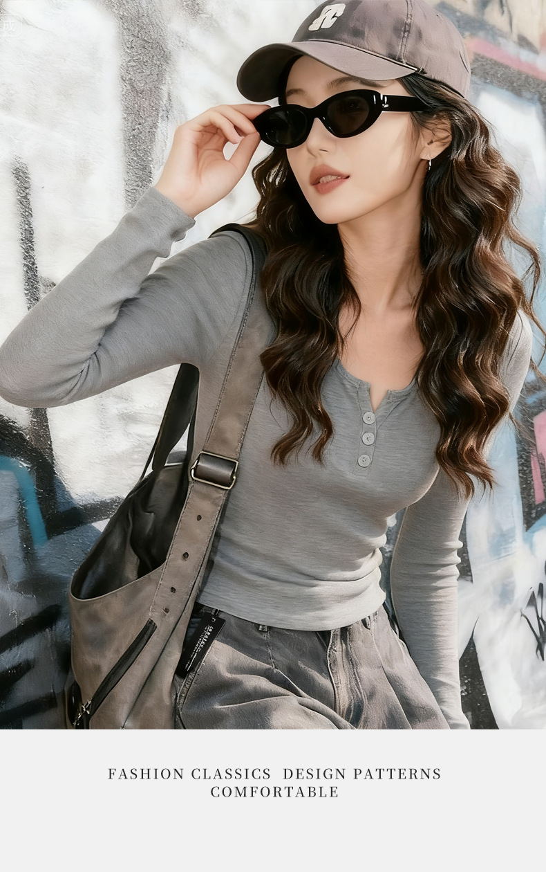 Factory wholesale semi-open round-neck T-shirt for women 2026 new Spring and autumn style slimming top long-sleeved versatile base layer pic 17