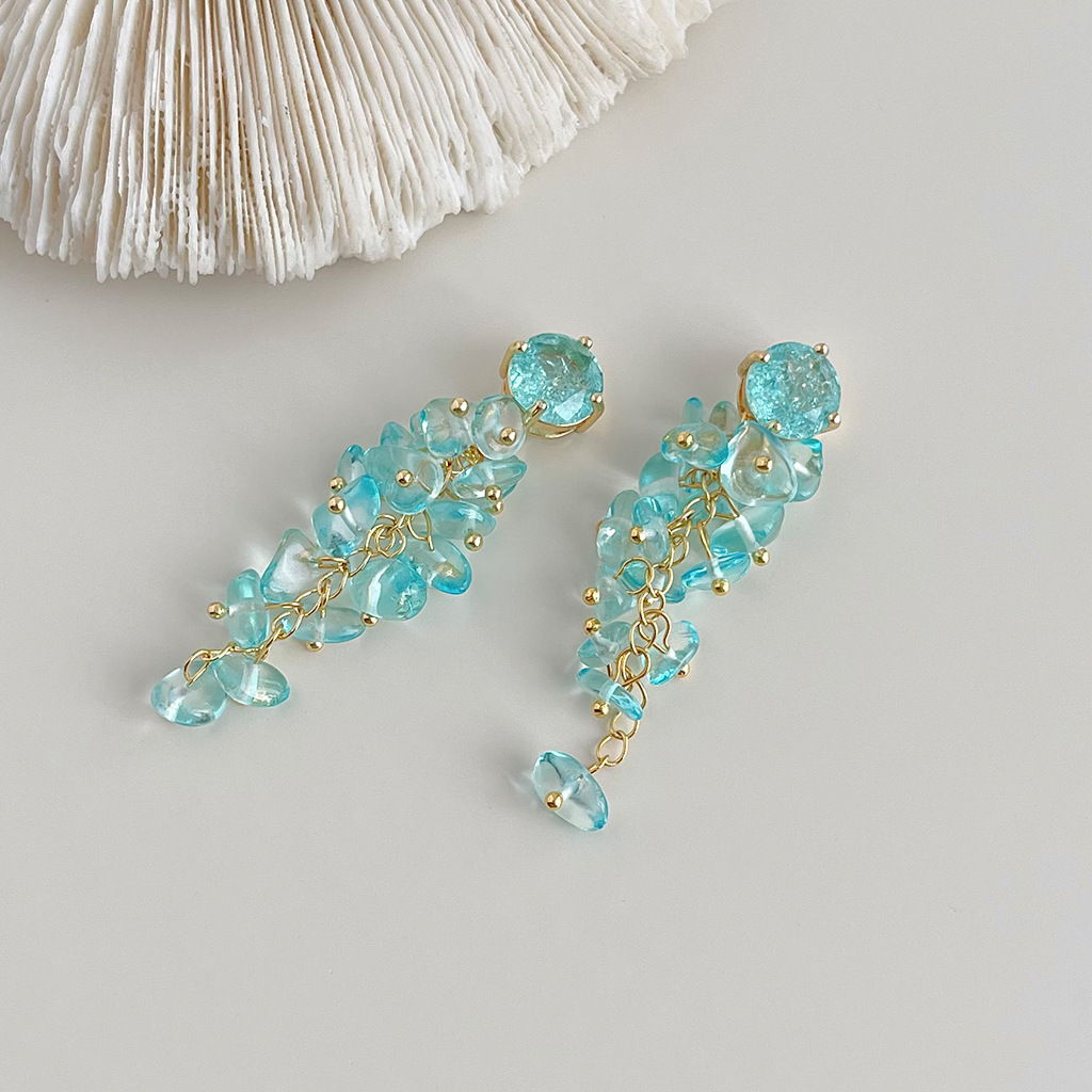 【 Ocean Series 】 Original design, handcrafted long tassel glass crystal earrings, elegant and sweet earrings pic 4