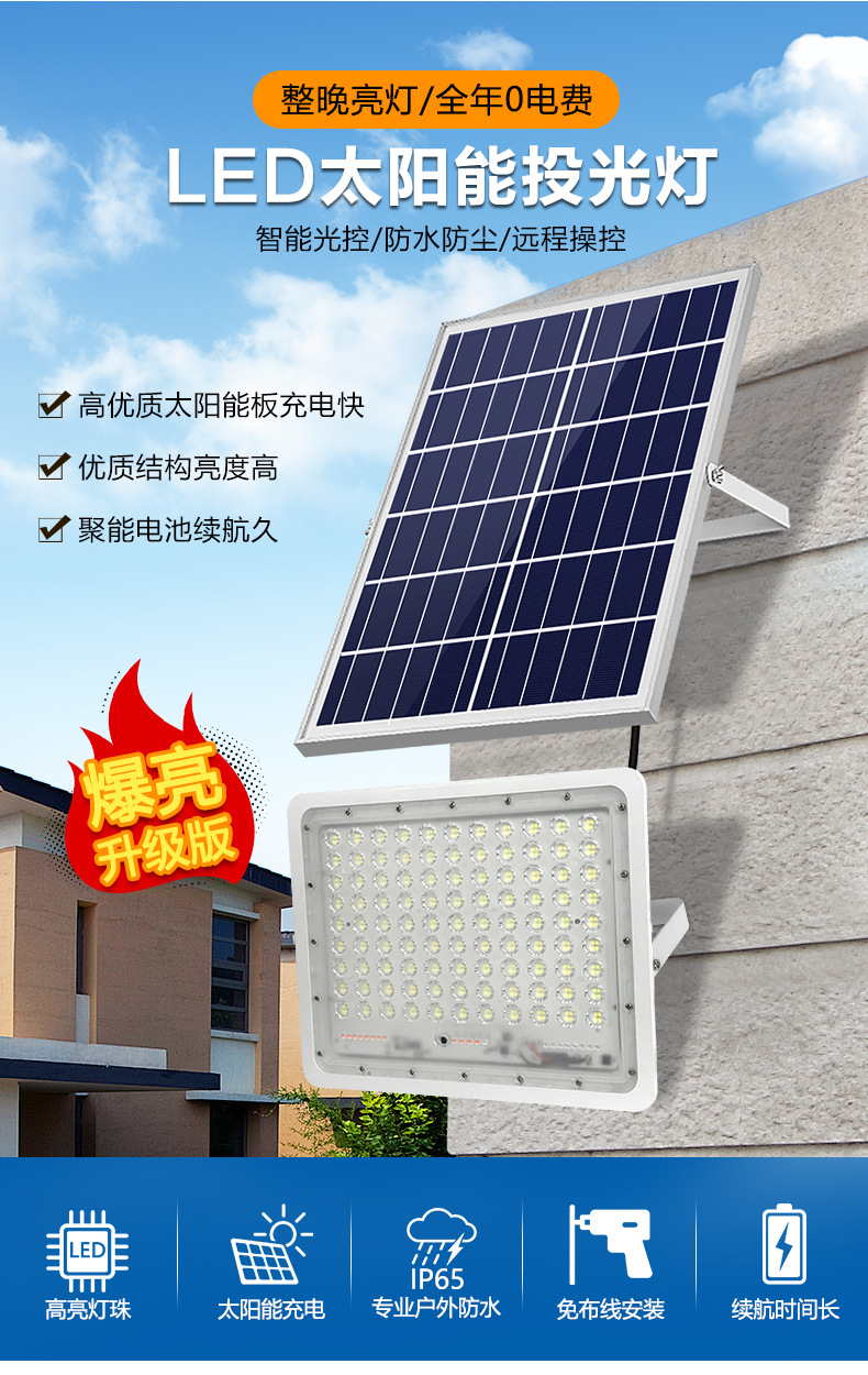 厂家批发新款太阳能灯 工程户外庭院灯led太阳能投光灯照明路灯详情6