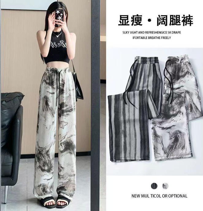 国潮-印花水墨国风冰丝阔腿裤女夏季高腰显瘦山本裤宽松直筒休闲遛弯裤详情1