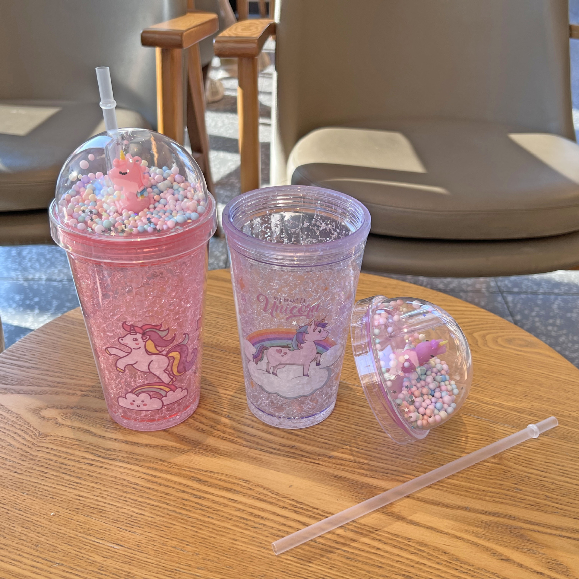 外贸新款卡通独角兽儿童吸管杯双层碎冰杯网红高颜值塑料水杯批发详情15