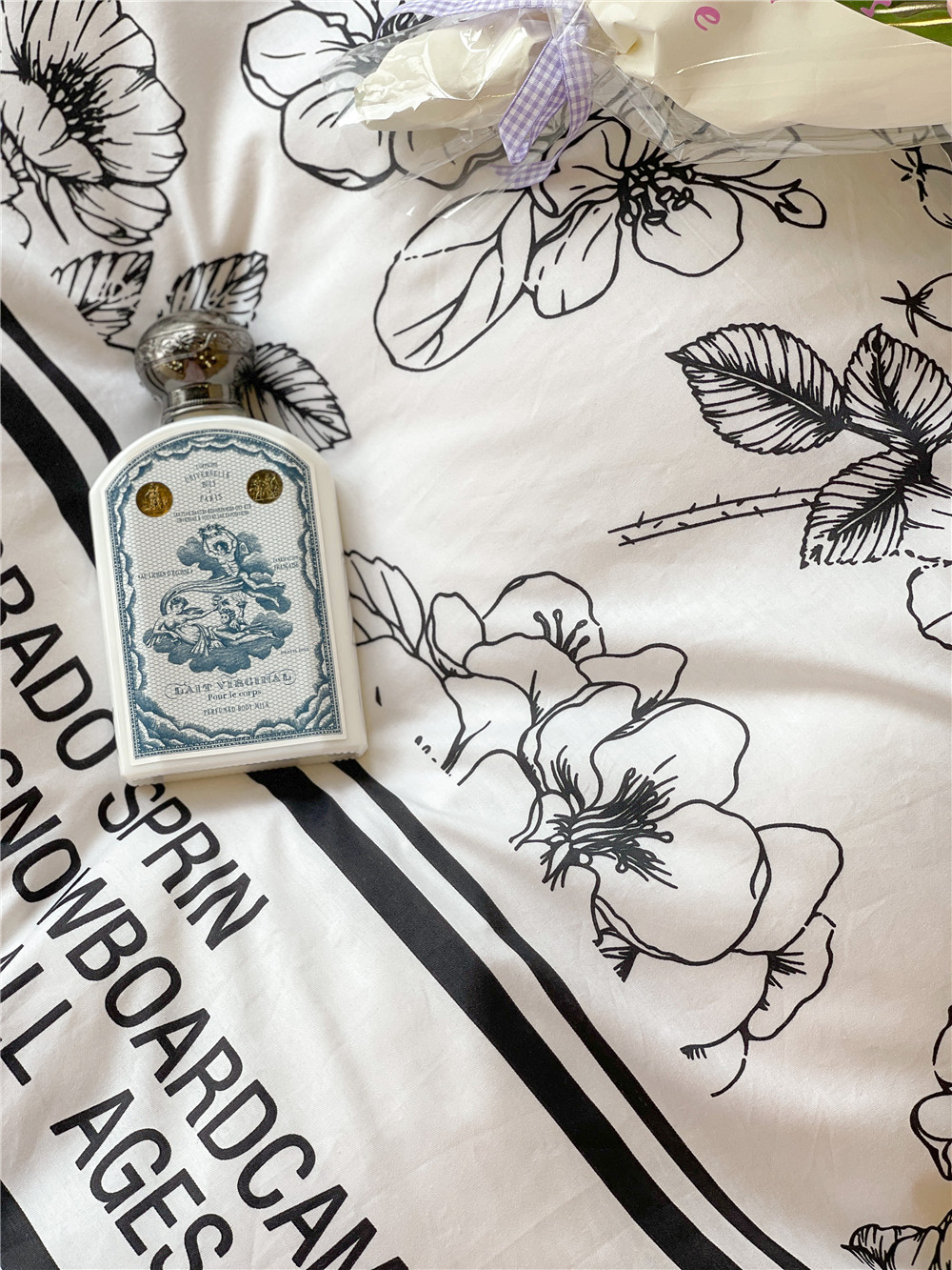 French Hepburn style pure cotton four-piece set, high-end feel, pure cotton black and white sketch flower duvet cover, all-cotton edge bedding pic 24
