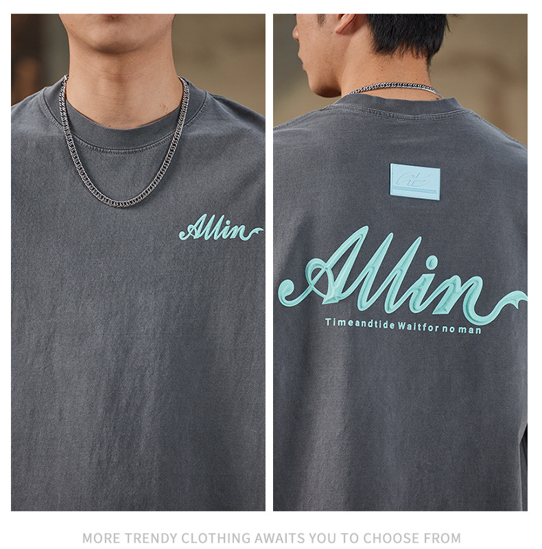 ALLIN pure cotton heavy-duty short-sleeved T-shirt for men, a summer trendy brand with three-dimensional printed letters and loose round-neck couple tops pic 16