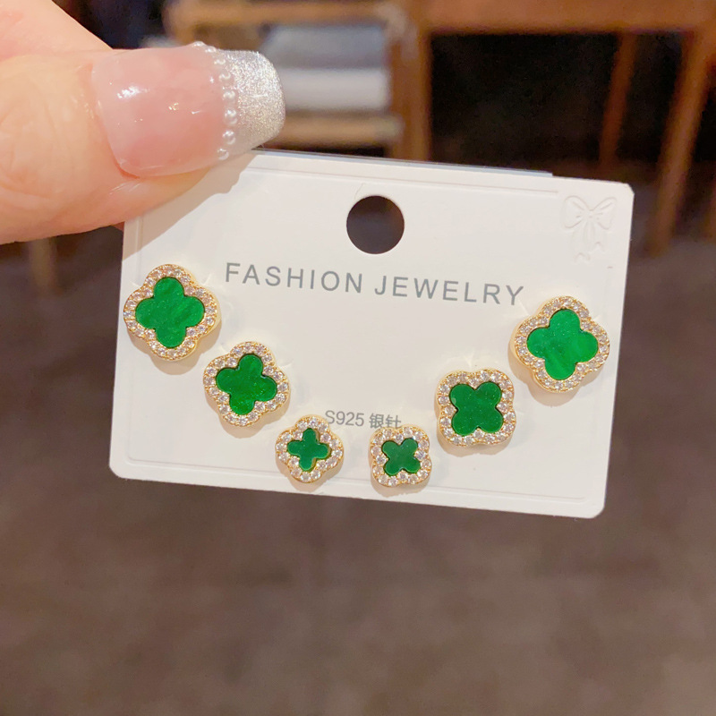 s925银针微镶锆石四叶花三件套耳钉女气质时尚简约小巧耳环耳饰女详情14