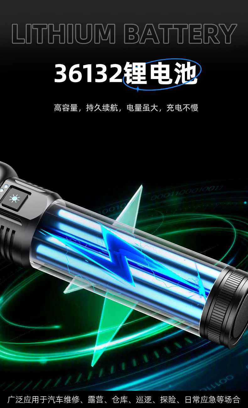 Cross-border high-power high-intensity flashlight, long-lasting high-lumen aluminum alloy laser cannon, camping long-range lighting fixture pic 5