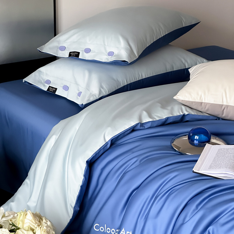 Simple, light luxury and fashionable solid-color long-staple cotton four-piece set, pure cotton letter-embroidered duvet cover, double bedding pic 108