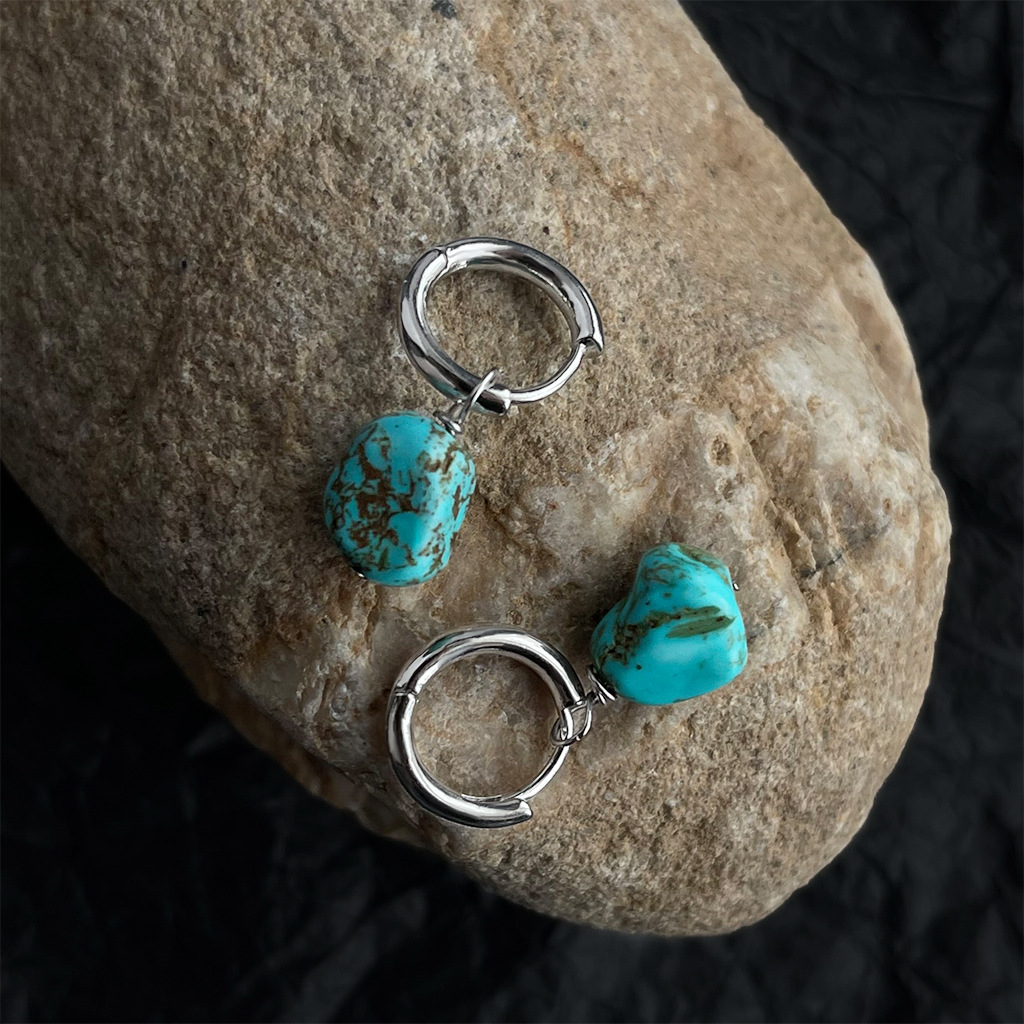 Original design sense, ethnic style, handcrafted synthetic turquoise, artistic and retro, irregular and irregular-shaped earrings, factory earrings pic 5
