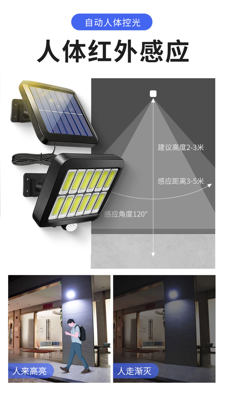 Cross-border solar 100LED split-type outdoor courtyard car lamp library home lighting COB waterproof sensor wall lamp pic 3
