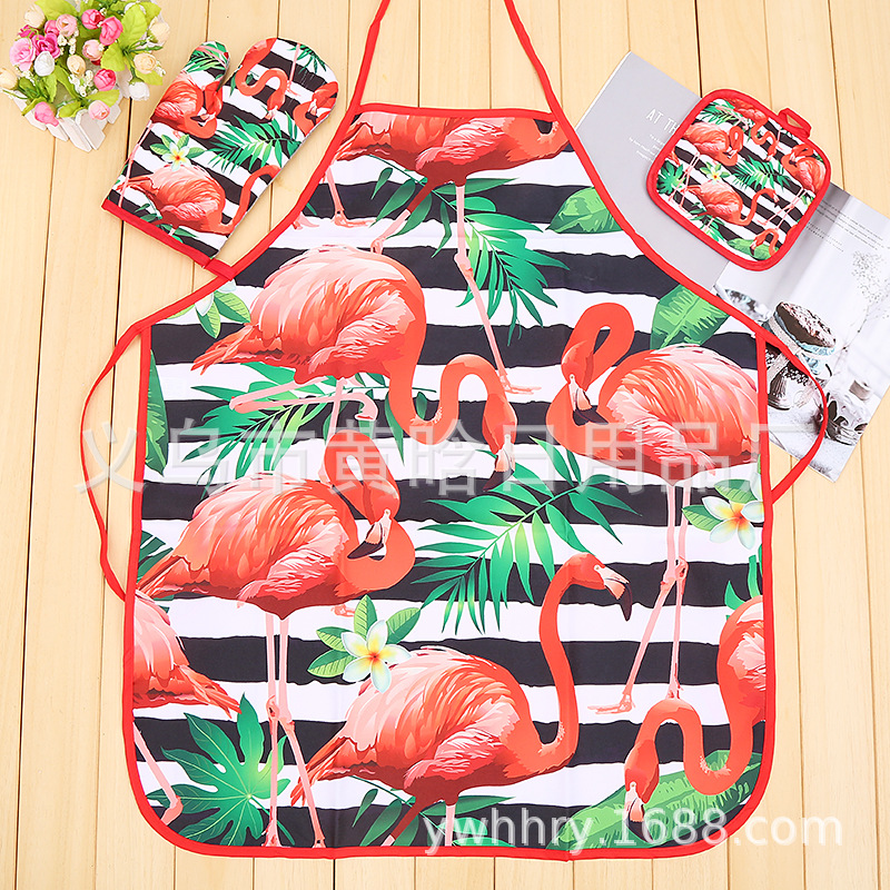 【 Chi Jia 】 Flamingo Digital Print Microwave Glove Pad Apron Three-piece Set Kitchen Oven Baking pic 3