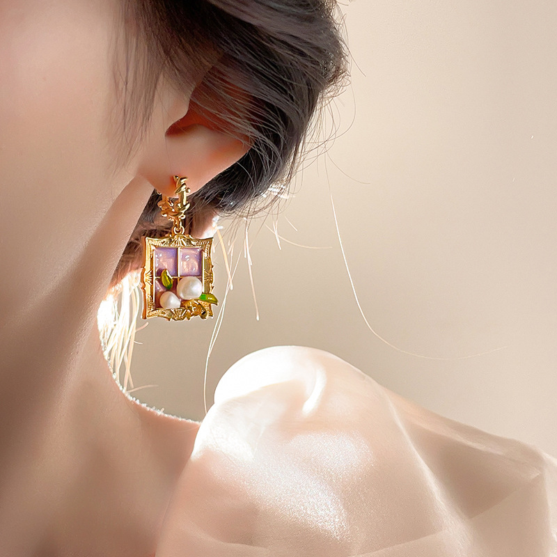 莫奈花园紫色油画风巴洛克珍珠耳环复古耳钉女轻奢高级感独特耳饰详情6