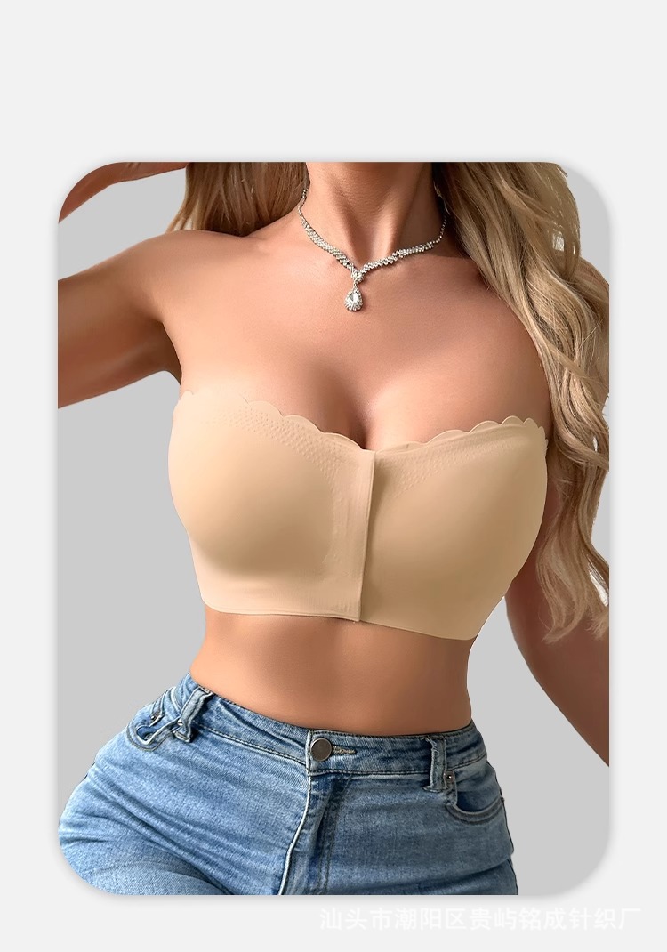 Large-sized front-buttoned lingerie, thin, close-knit, small chest wrap, invisible, transparent, strapless, one-piece bra for ladies pic 10