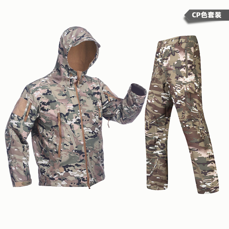 Yitu Tactical Sports Shark Skin Waterproof Soft Shell Down Jacket and Pants Alpha Green Warm Fleece Camouflage Down Jacket Set pic 24