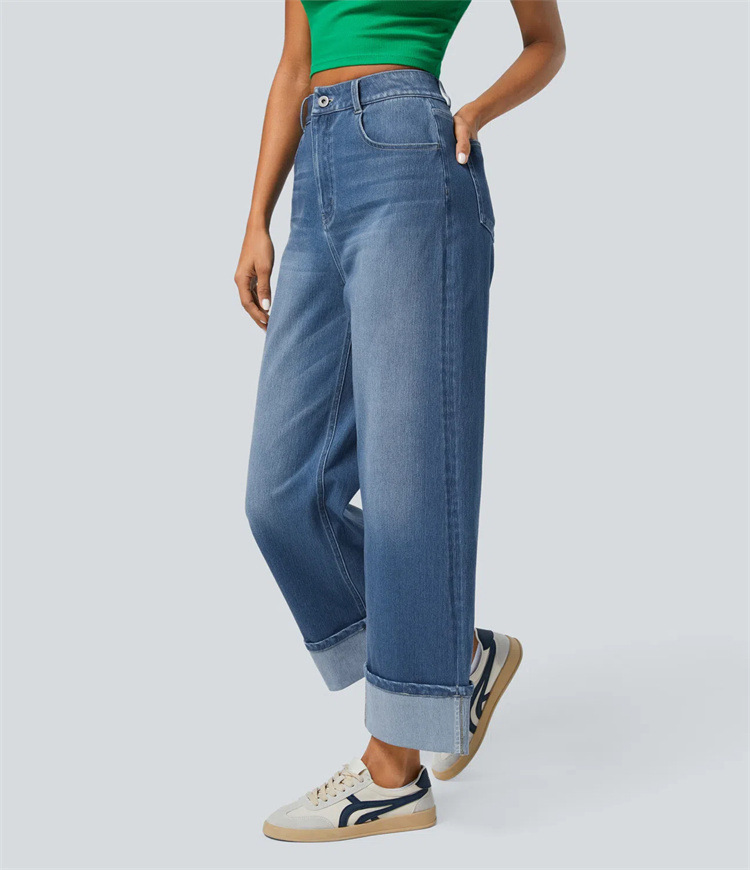 Spring 2025 new cross-border fashion high-waisted, rolled-up straight-leg jeans for women and casual wide-leg pants from Europe and America pic 10