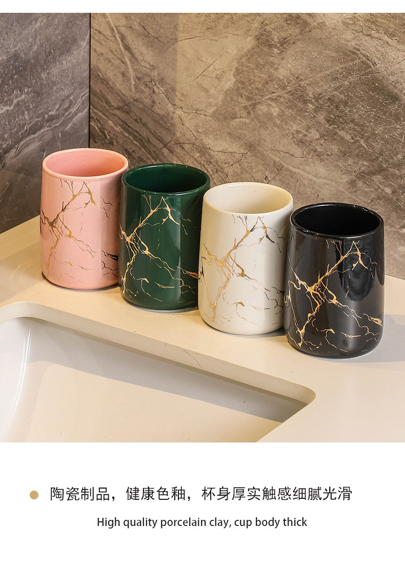 Simple and creative couple washbasin cups, home bathroom ceramic toothbrush cups, marble-patterned handless mouthwash cups pic 12