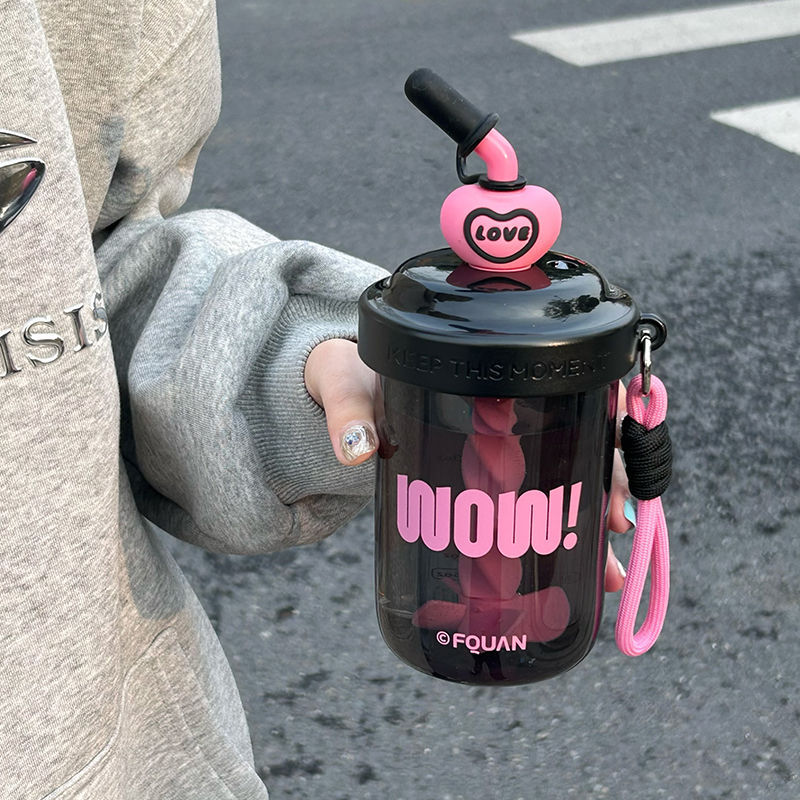 KT猫新款塑料吸管杯手动搅拌杯便携吸管杯可爱创意简约少女心水杯详情11