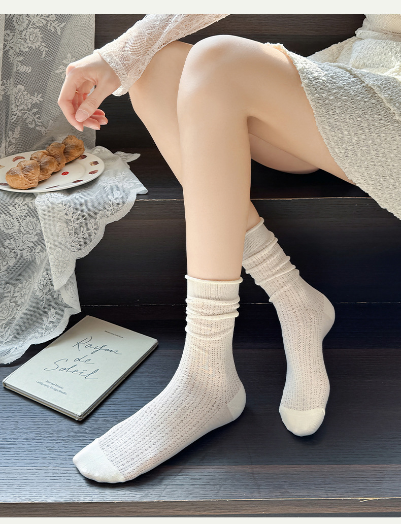 白色袜子女中筒袜夏季轻薄款镂空花边袜冰冰丝袜学生无骨堆堆棉袜详情8