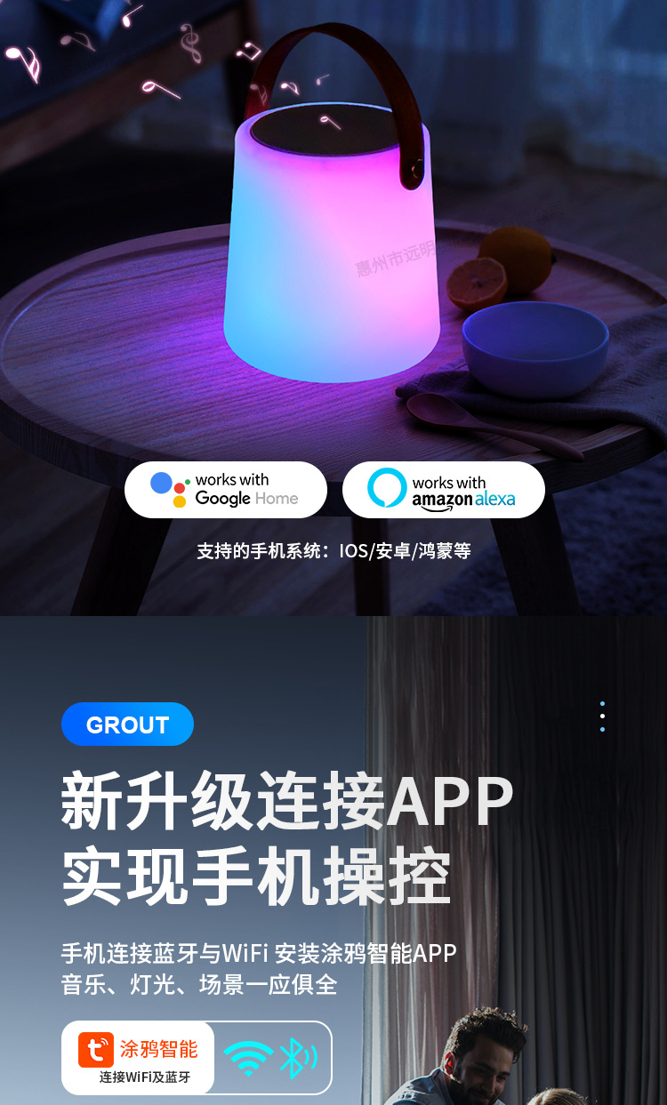 涂鸦alexa智能音箱灯幻彩一体小音响蓝牙语音控制定时防水手提灯详情4