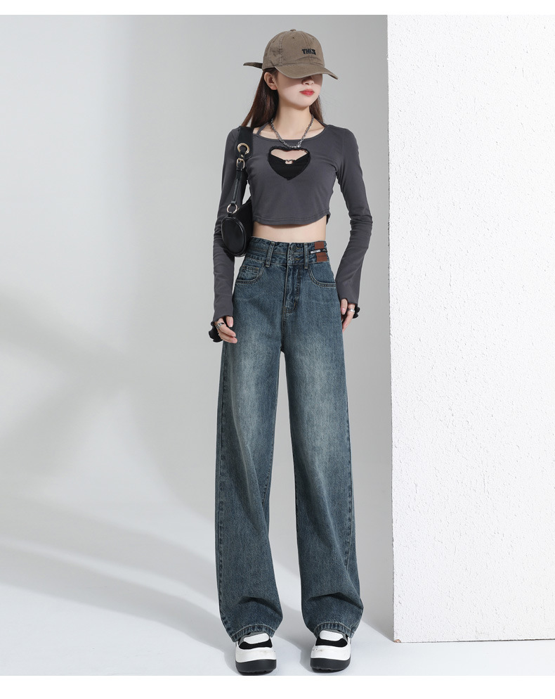 复古直筒牛仔裤女新款百搭高腰显瘦学院风小个子垂感阔腿拖地裤详情18