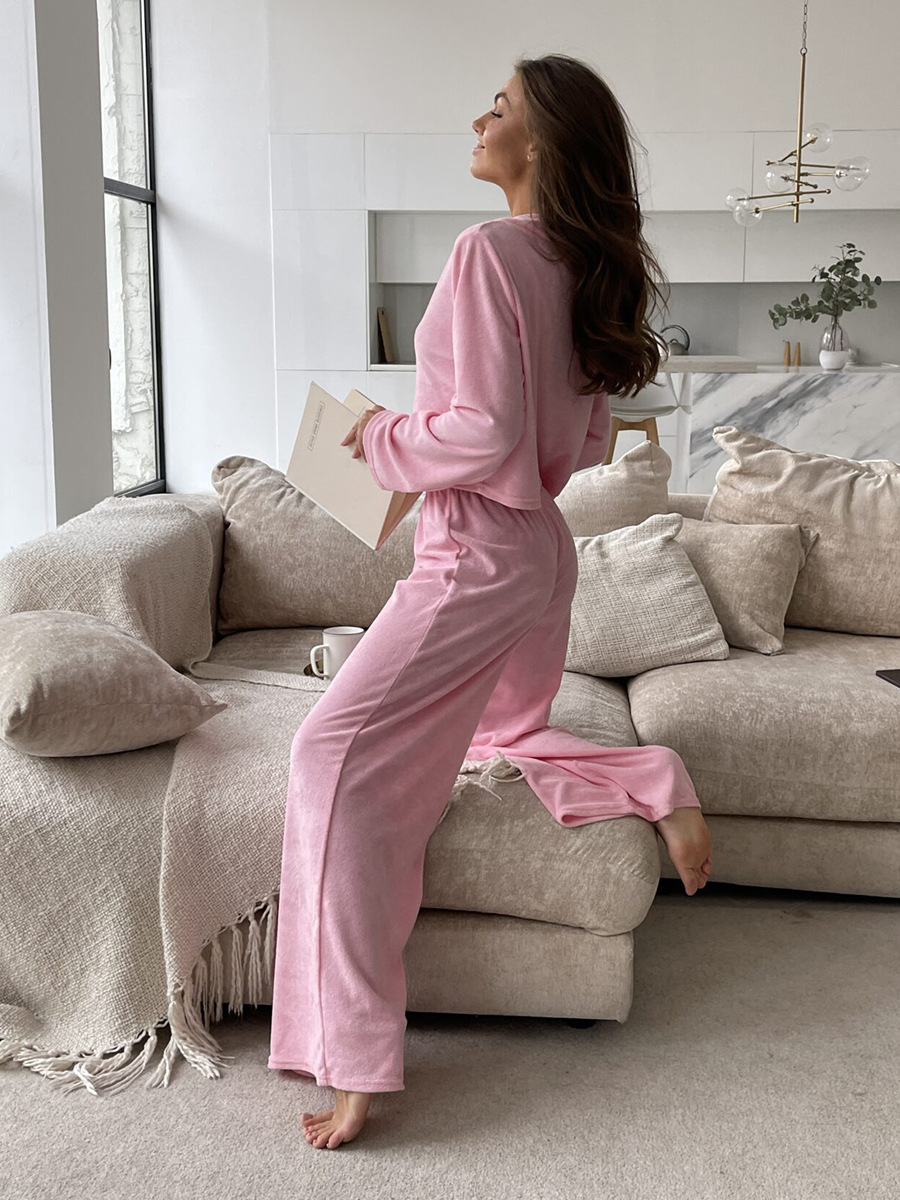 Cross-border pink fleece long-sleeved and long pants pajama set, European and American autumn and winter new cardigan pajamas, comfortable home wear for women pic 6
