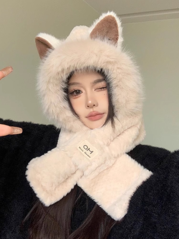 Fox ear hat for women, new autumn and winter fashion, scarf and scarf, warm and cute fur all-in-one hat for women pic 8