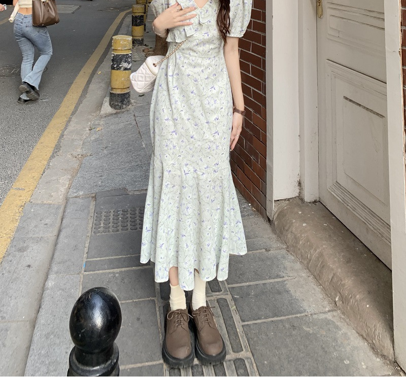 短袖碎花连衣裙中长款鱼尾裙新款初恋气质时尚温柔风裙子详情9