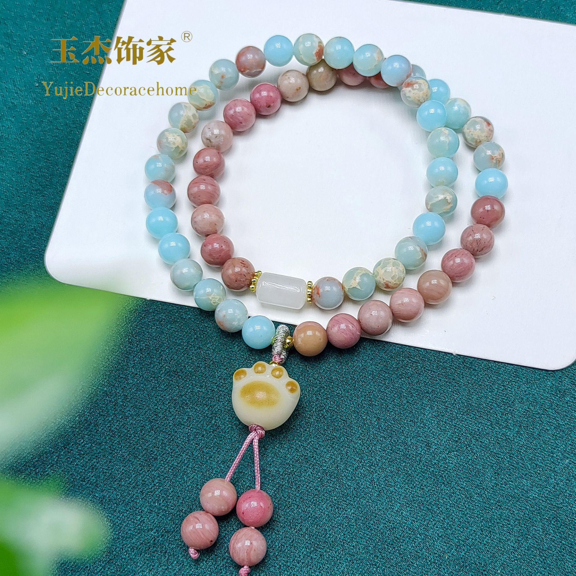 Double-ring natural stone bracelet, red wood grain stone with rose crystal lotus pod and pink rose. Red pattern stone bracelet for girls, with a sense of sophistication pic 15