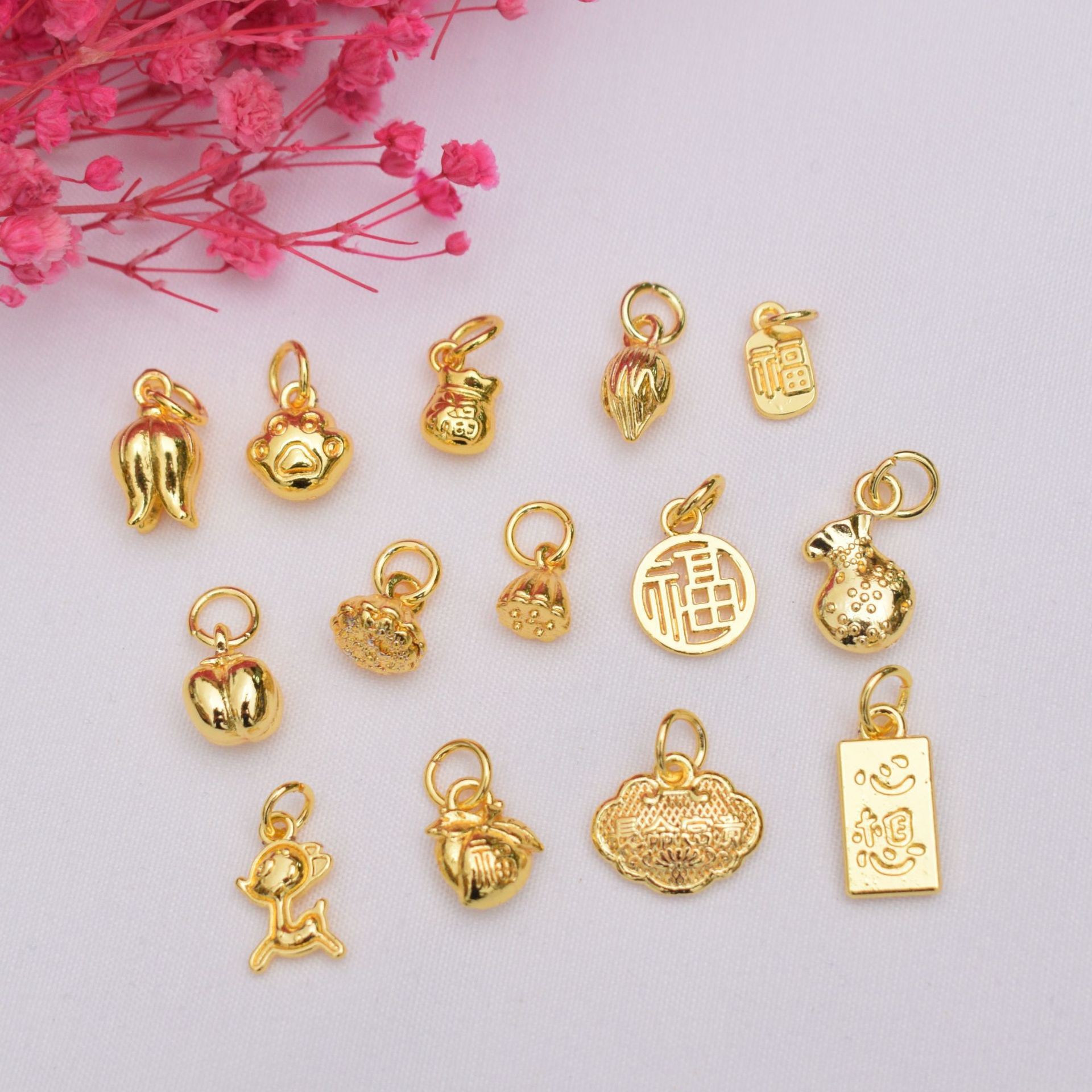 保色18K包金色手串吊坠配件莲蓬福字祥云挂件diy手链串珠配饰福牌详情8