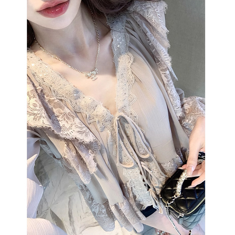 新中式【少女双调】2025新款春装气质雪纺衫小衫长袖蕾丝衬衫女百搭上衣详情10