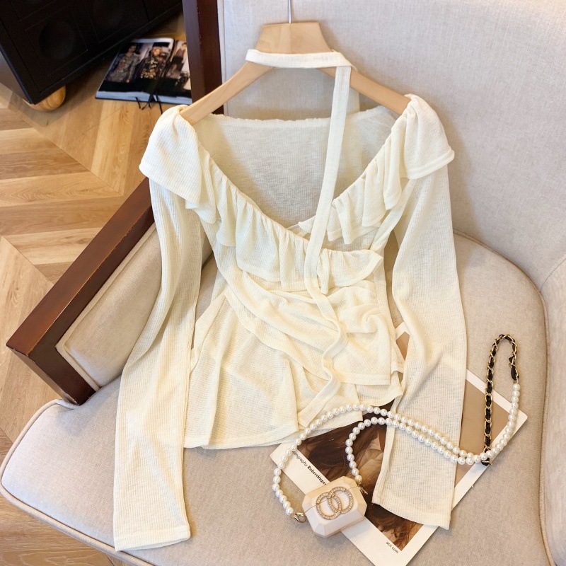 实拍~纯欲甜美荷叶边飘带一字肩收腰褶皱天丝上衣不规则衬衫详情8