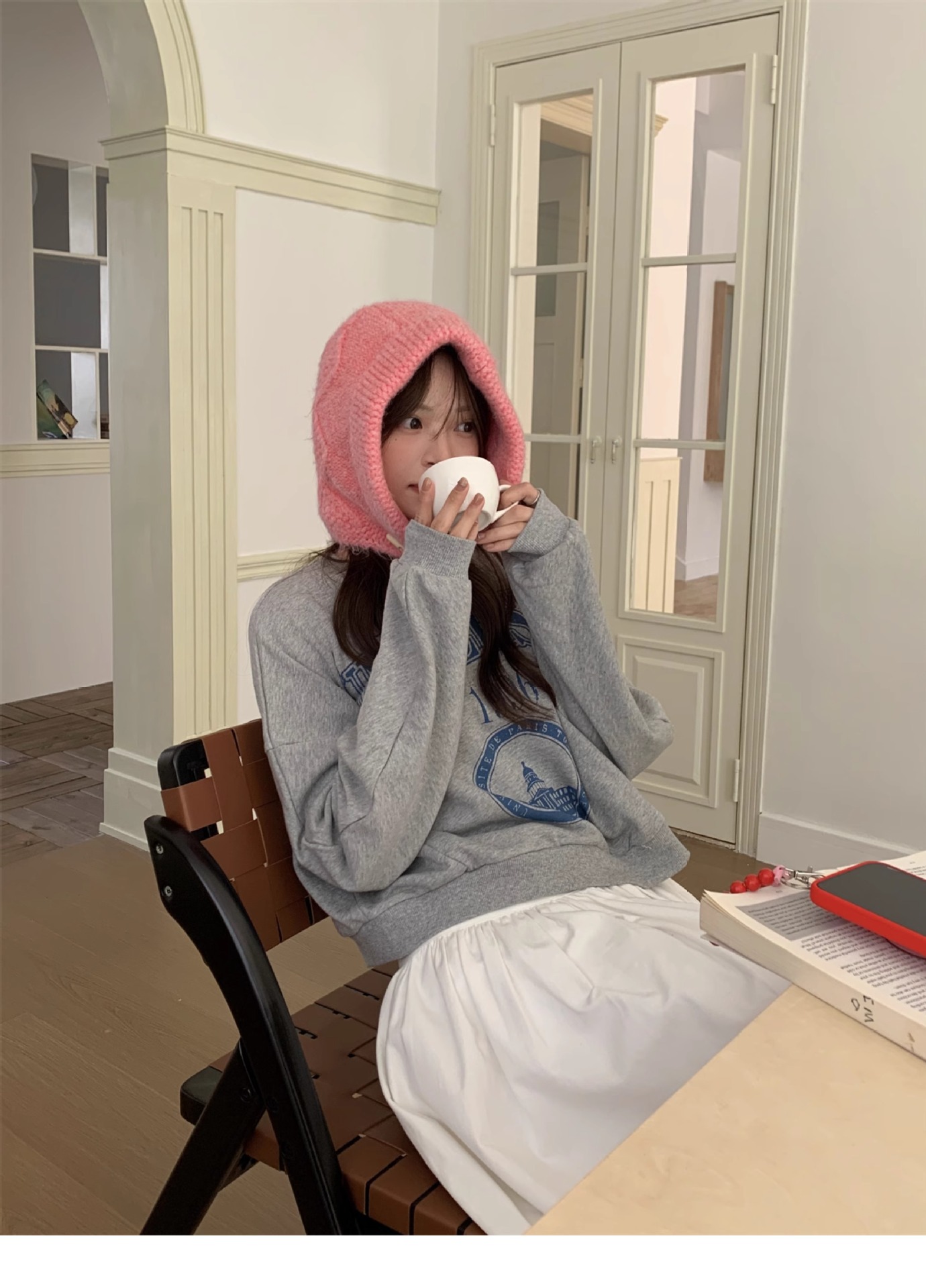 韩系冬季新款大版巴拉克拉法帽子女保暖粗麻花纹牛角扣护耳套头帽详情9