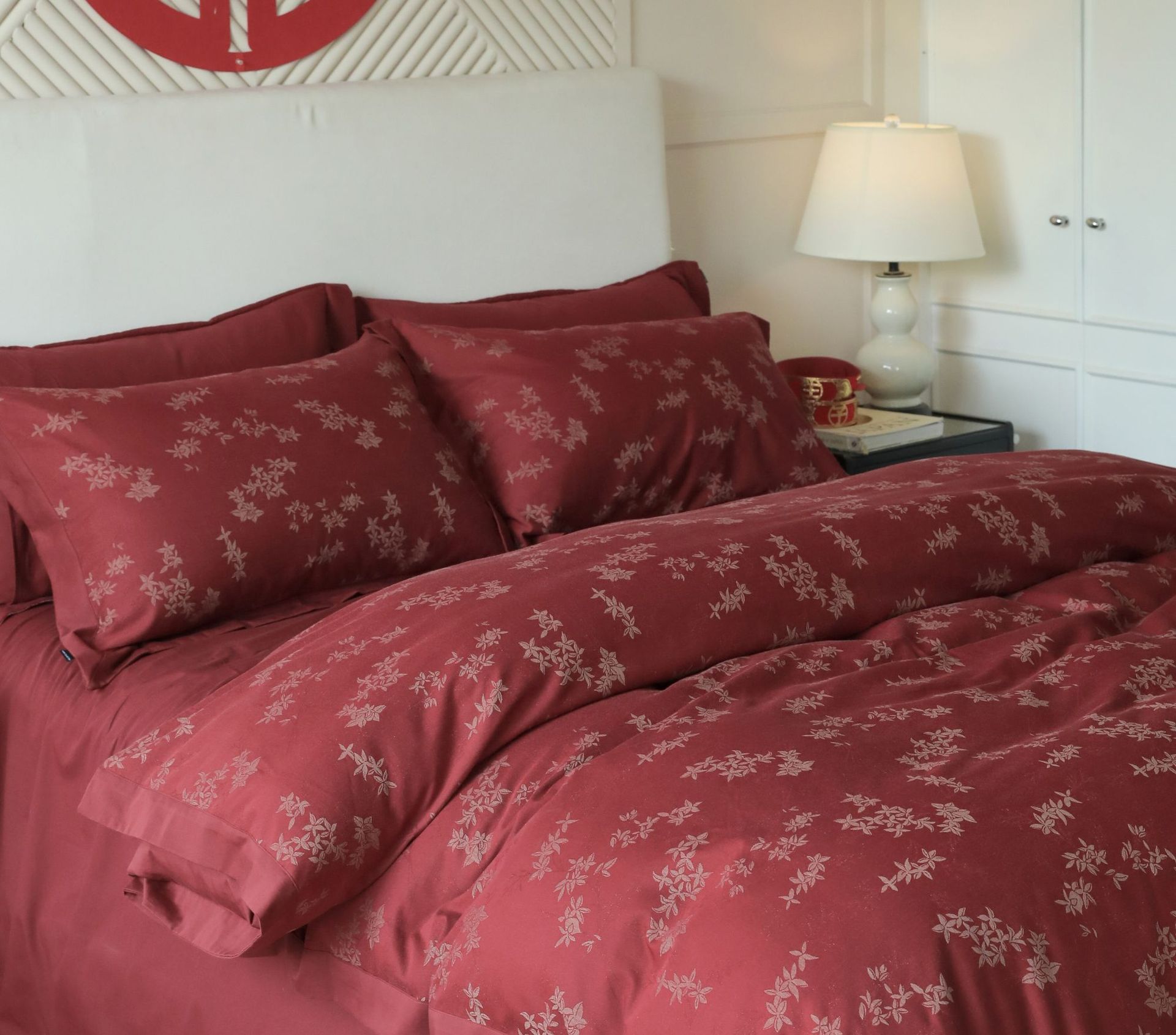 Class A retro jacquard all-cotton wedding four-piece set, a red pure cotton high-end wedding room bedding pic 25