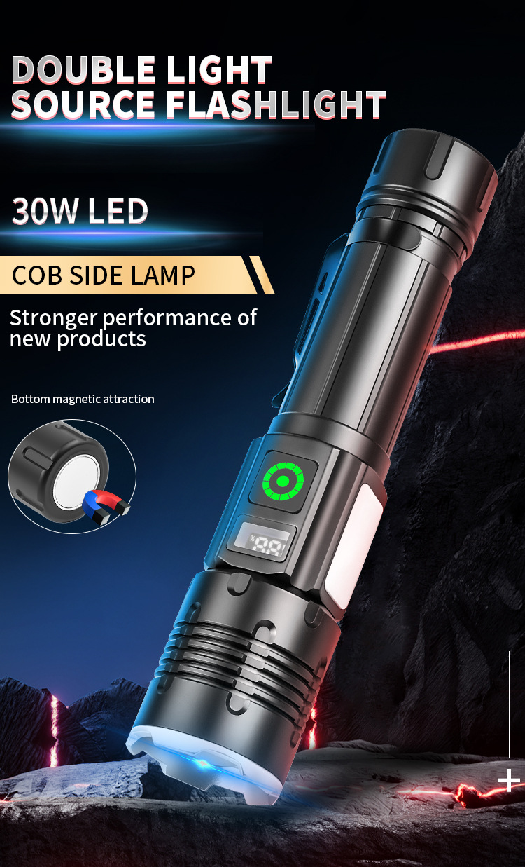 跨境新品白激光LED手电筒数显TYPE-C充电侧灯红白光强光手握式照明工具详情3