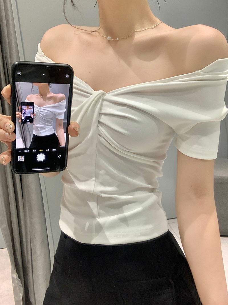 雅姿欣设计感白色短袖T恤两穿修身辣妹百搭显瘦内搭上衣女一字肩详情29