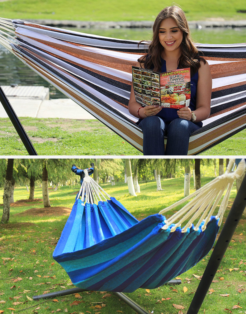 Camping outdoor leisure hammock, camping thickened canvas hammock frame thickened cotton rope single and double person mesh wholesale pic 4