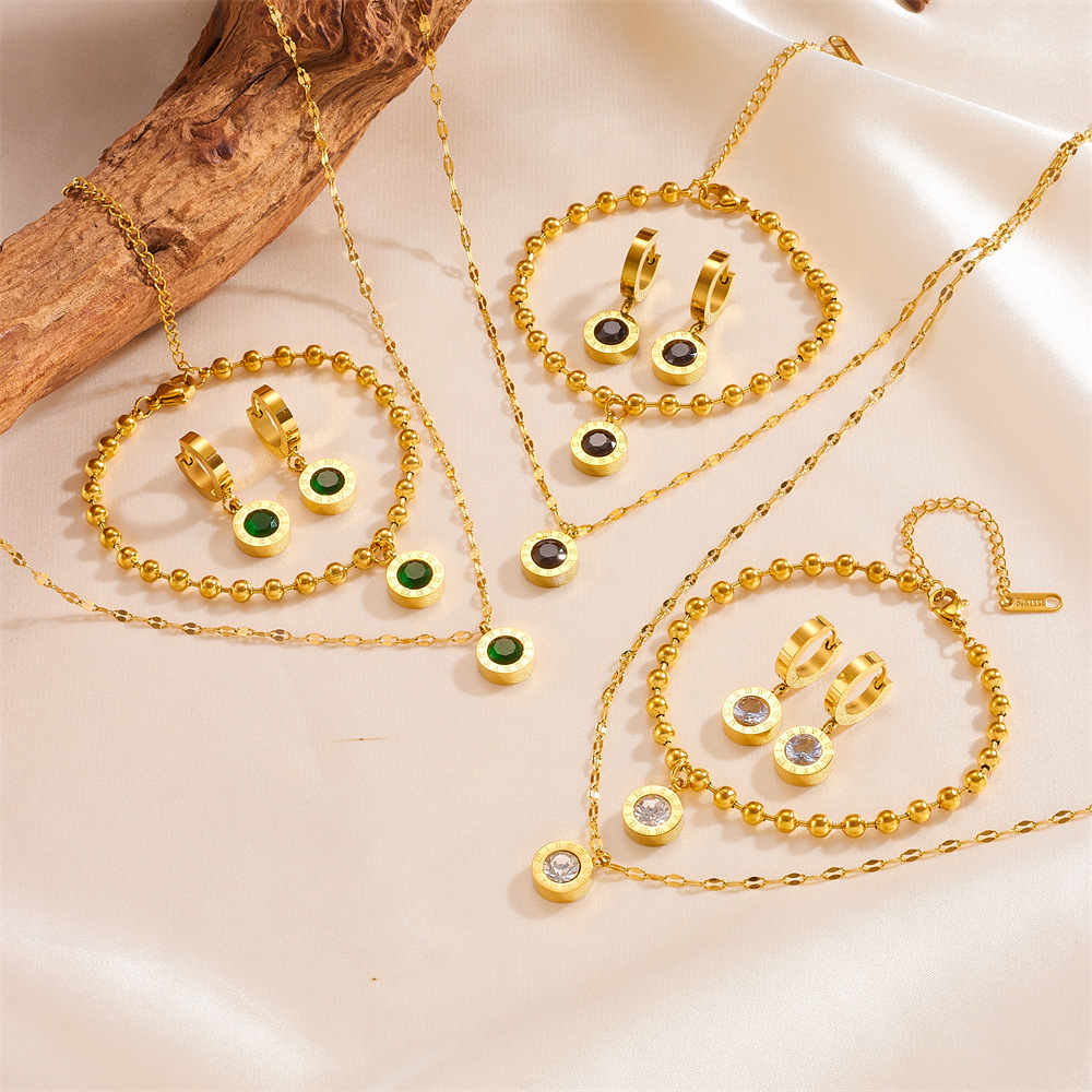 跨境时尚罗马套装不锈钢保色项链手链耳扣简约钛钢不掉色罗马首饰套装详情1