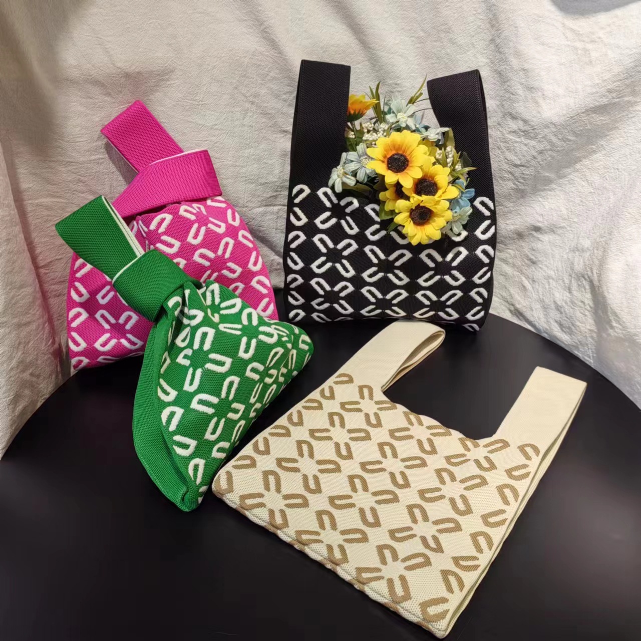 New black and white four-piece pattern women's bag for spring and summer, Japanese and Korean knitted bag, multi-functional wrist bag for daily commuting pic 6