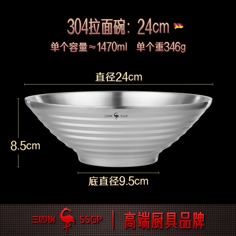 SSGP 拉面碗日式双层防烫汤碗 泡面碗家用加深大号不锈钢斗笠碗详情5