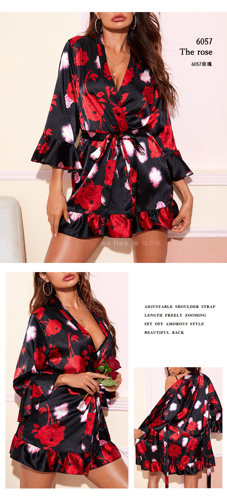 Amazon cross-border Sardinian printed leaf-edge pajamas for women, summer silk bathrobes and bathrobes for home wear 6057 pic 18