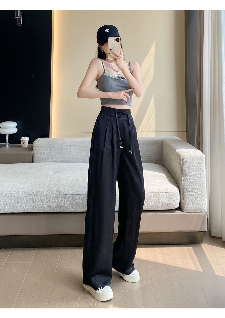 New Chinese-style satin jacquard wide-leg pants for women, Spring/Summer 2025 new button-up high-waisted, slimming straight-leg casual trousers pic 13