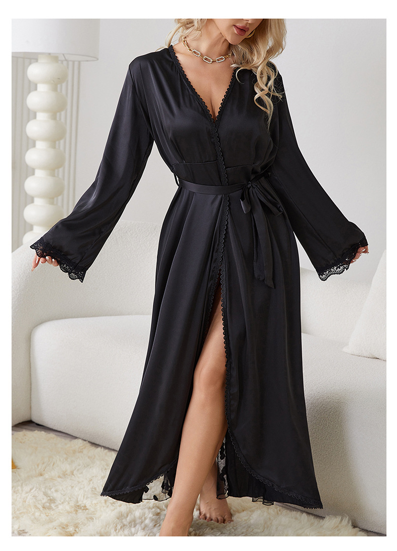 New cross-border light luxury long-sleeved V-neck satin lace patchwork long bathrobe, bathrobe and home wear for women, 657 pic 12