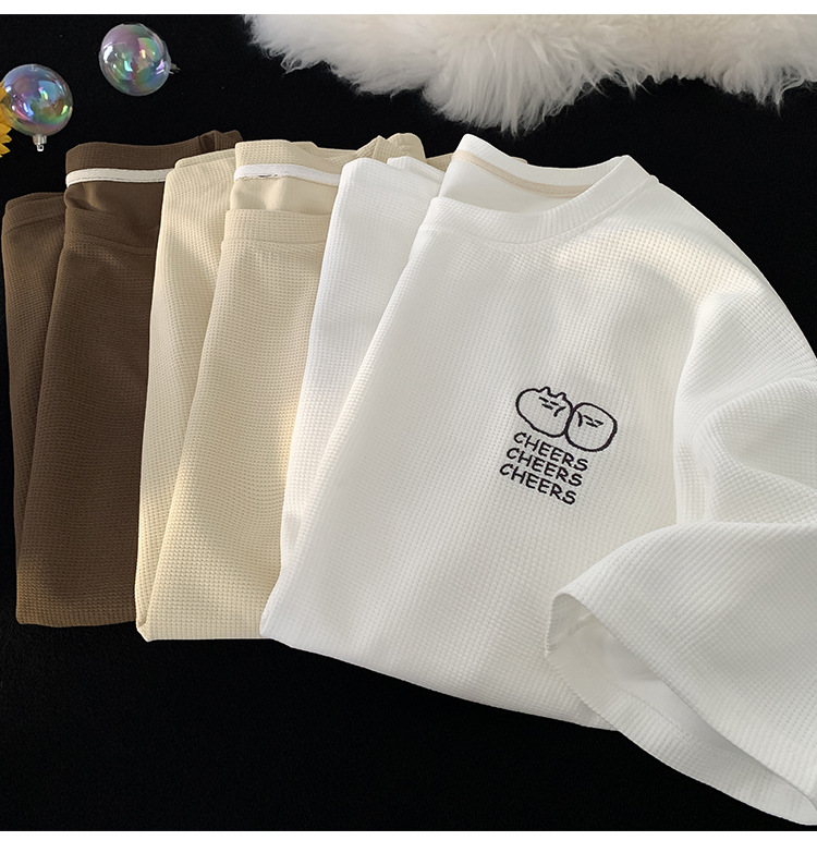 Waffle large-sized short-sleeved T-shirt for men, summer Korean style trendy clothing, printed loose half-sleeved American heavyweight T-shirt pic 26