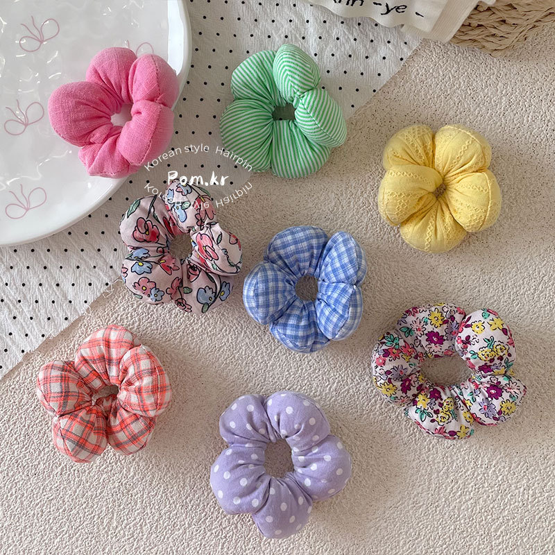 新款韩版甜美儿童发圈布艺格纹花朵充棉丸子头发绳小号皮筋发饰女详情7