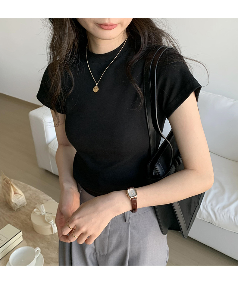 美式纯色正肩短袖t恤女2025ins潮牌辣妹圆领叠穿打底体恤修身显瘦详情33