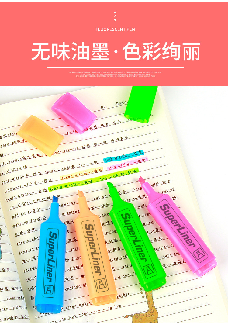 荧光笔 外贸经典热卖标记笔6色斜头彩色记号笔粗头荧光办公标签笔详情3